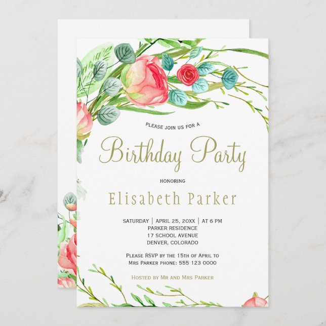 Eleganter Korallengarten aquamarine Rose Geburtsta Einladung (Vorne/Hinten)