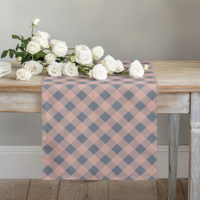 Eleganter Korallenpfirsichgrauer Karierter Esstisc Großer Tischläufer (Elegant Coral Peach Grey Plaid Dining Table Long Table Runner)