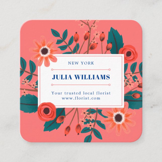 Eleganter Korallenriff blühendes Boho Blume Bouque Quadratische Visitenkarte (Vorderseite)