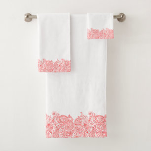 Eleganter korallenroter Floral Paisley Vogelbeobac Badhandtuch Set