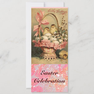 ELEGANTER KORB, HÜHNER, BLUMEN UND OSTEREIER EINLADUNG