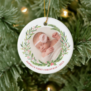 Eleganter Kranz Erstes Weihnachten Foto Weiß Keramik Ornament