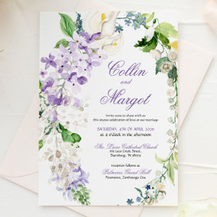 Eleganter Kranz lila Blumen Hochzeits-Einladung Ankündigung