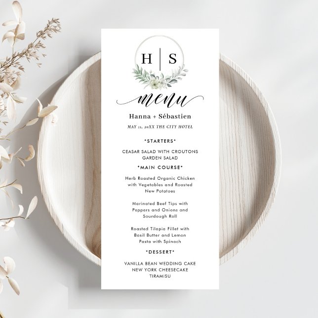 Eleganter Kranz-Monogramm-Hochzeit  Menükarte (Von Creator hochgeladen)