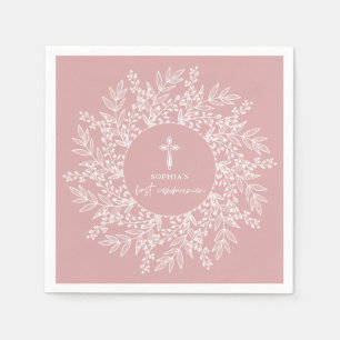 Eleganter Kranz und Kreuz Rosa Mädchen Erstkommuni Serviette