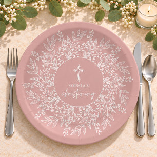 Eleganter Kranz und Kreuz Rosa Mädchen-Taufe Pappteller