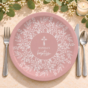 Eleganter Kranz und Kreuz Rosa Mädchen-Taufe Pappteller