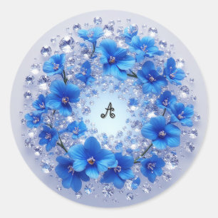 Eleganter Kranz verziert mit blauen Blumen Runder Aufkleber