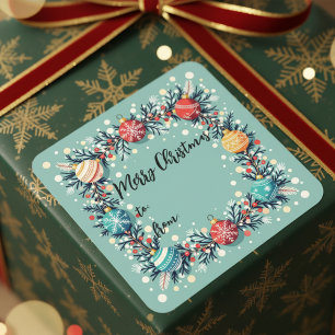 Eleganter Kranz & Vintage Ornamente Frohe Weihnach Quadratischer Aufkleber