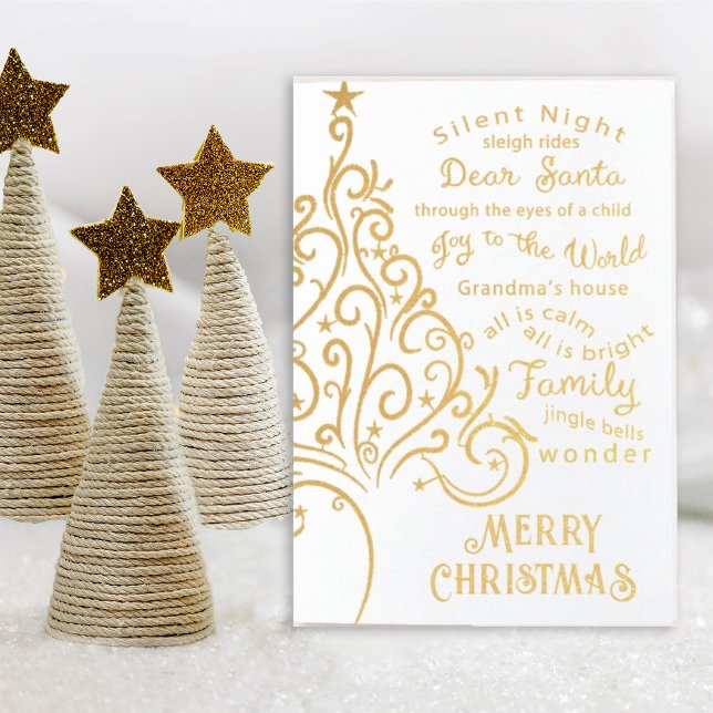 Eleganter Künstlerischer Christbaum auf Weiß Folienkarte (Enjoy the holidays with this swirly elegant gold foil card with words surrounding Christmas.)
