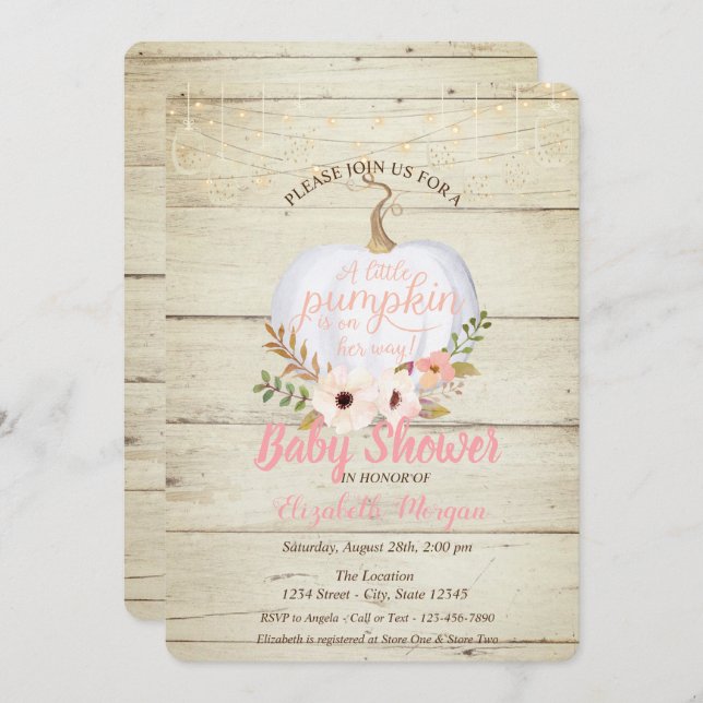 Eleganter Kürbis, Holztextur, Blumenkinderdusche Einladung (Vorne/Hinten)