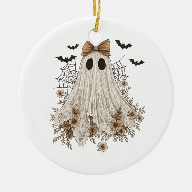 Eleganter Lace Ghost mit Bow | Floral Ghost Keramik Ornament (Vorne)