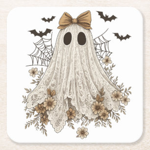 Eleganter Lace Ghost mit Bow Floral Ghost Rechteckiger Pappuntersetzer