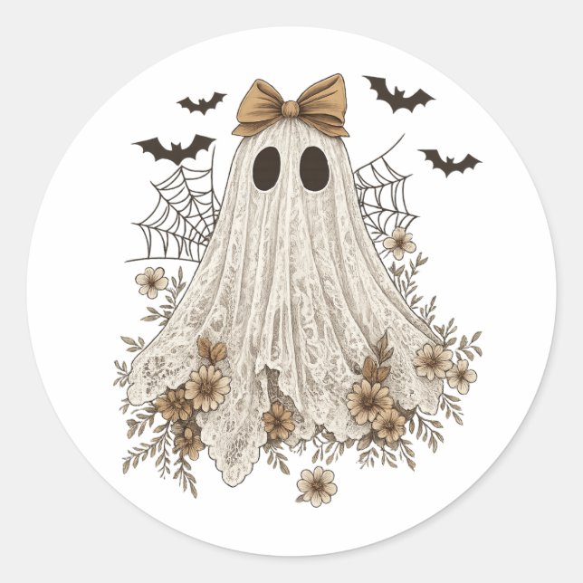 Eleganter Lace Ghost mit Bow | Floral Ghost Runder Aufkleber (Vorderseite)