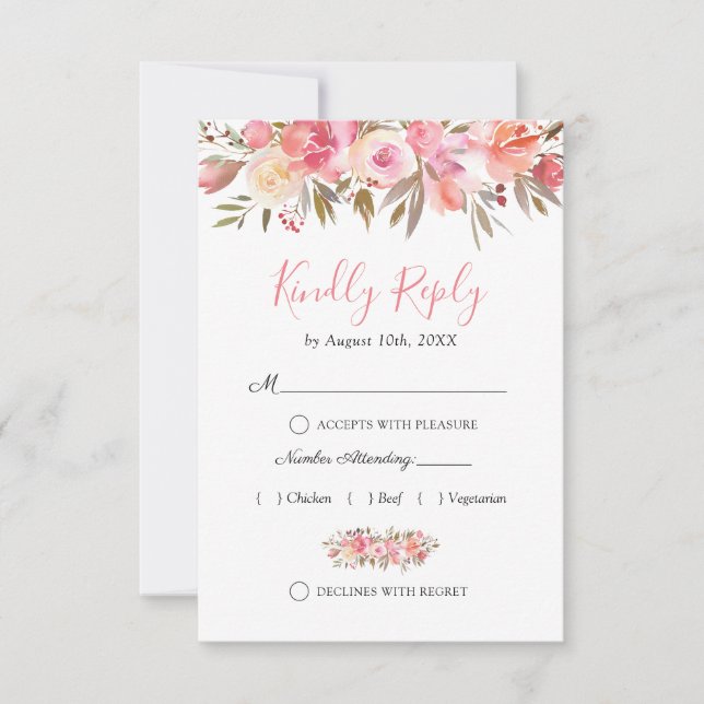 Eleganter Lachs Pink Floral Wedding RSVP Karte (Vorderseite)