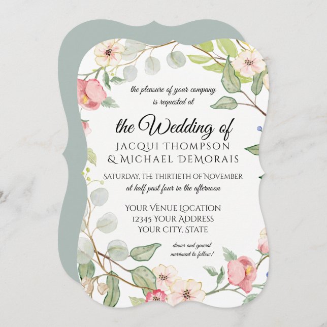 Eleganter Laub-silberner Salbeiwatercolor-wilde Einladung (Vorne/Hinten)