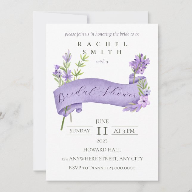 Eleganter Lavendel Bridal Dusche Einladung (Vorderseite)
