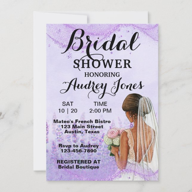 Eleganter Lavendel Bridal Dusche Einladung (Vorderseite)