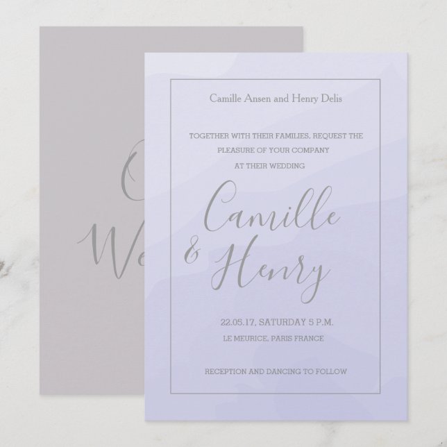 Eleganter Lavendel-Hochzeit in Grau Einladung (Vorne/Hinten)
