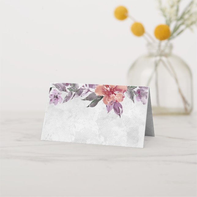 Eleganter Lavendel Peach Lila Floral Wasserfarbe Platzkarte (Vorderseite)