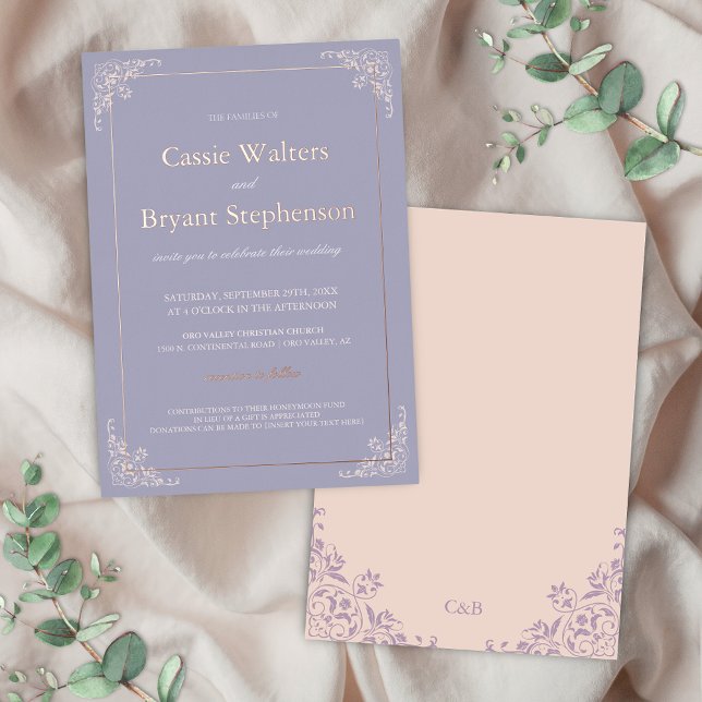 Eleganter Lavendel Rosa Minimale Hochzeit Folieneinladung (lavender purple and blush pink with rose gold foil wedding invitations for romantic garden events)