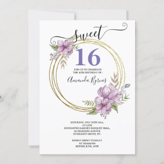 Eleganter Lavendel und Gold Sweet 16 Blumenkreis Einladung
