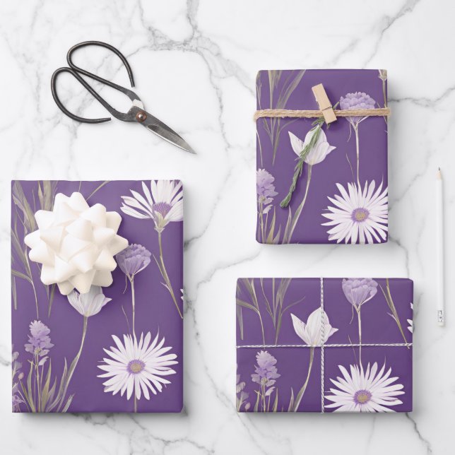 Eleganter Lavendel White Boho Wildblume Floral Geschenkpapier Set (Vorderseite)