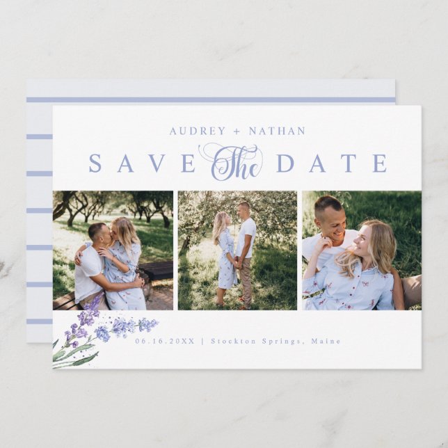 Eleganter Lavender Blume 3 Foto QR Code Save The Date (Vorne/Hinten)