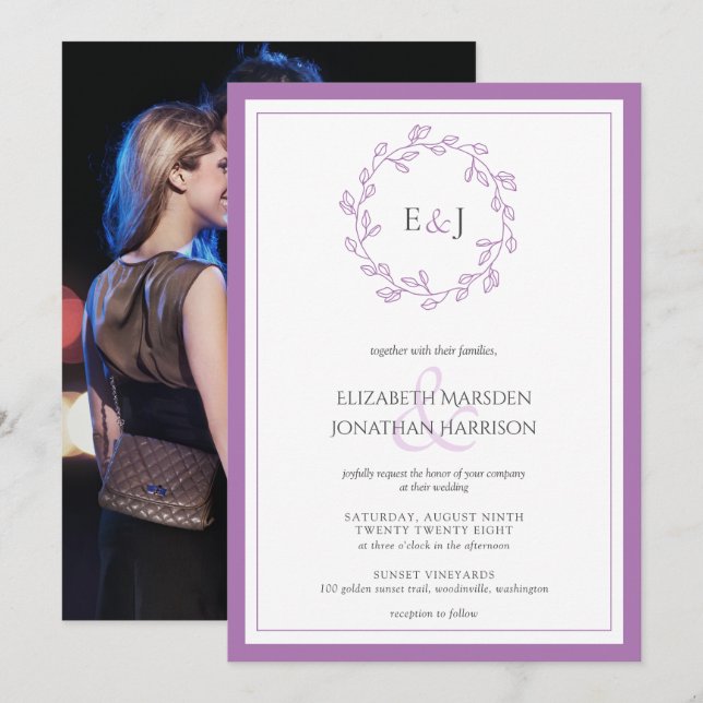 Eleganter Lavender Foto Monogram Wreath Einladung (Vorne/Hinten)