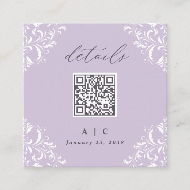 Eleganter Lavender Lila QR Code Hochzeitdetails Begleitkarte
