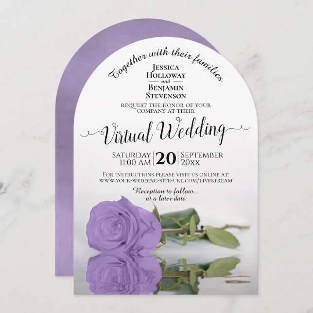 Eleganter Lavender Lila Rose Virtual Wedding Einladung (Vorne/Hinten)