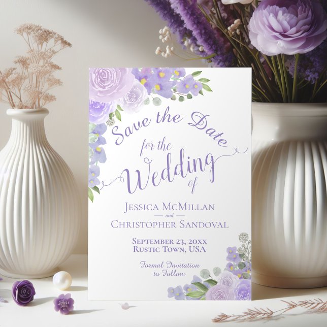 Eleganter Lavender Lila Wasserfarbenblütenhochzeit Save The Date (Von Creator hochgeladen)