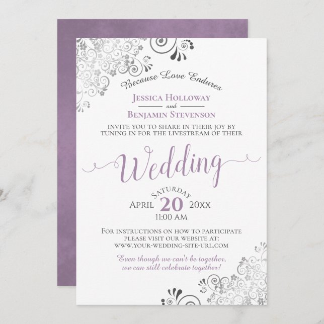 Eleganter Lavender on White Wedding Livestream Einladung (Vorne/Hinten)