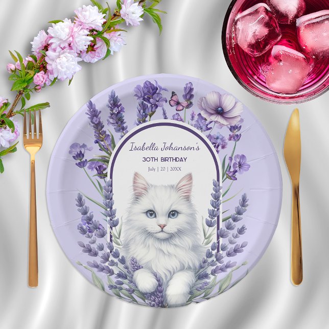 Eleganter Lavender und Katze zum Geburtstag Pappteller (Von Creator hochgeladen)