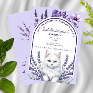 Eleganter Lavender und weiße Katze Geburtstag Einladung