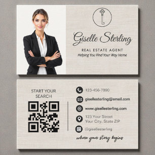 Eleganter Leinen-Foto-Immobilienmakler-QR-Code  Visitenkarte