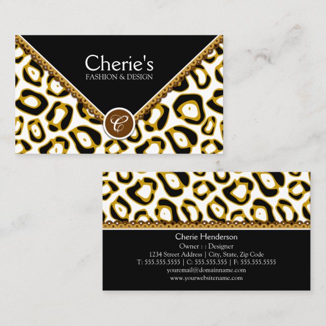 Eleganter Leopard-Druck und Spitze-Monogramm Visitenkarte (Vorne/Hinten)
