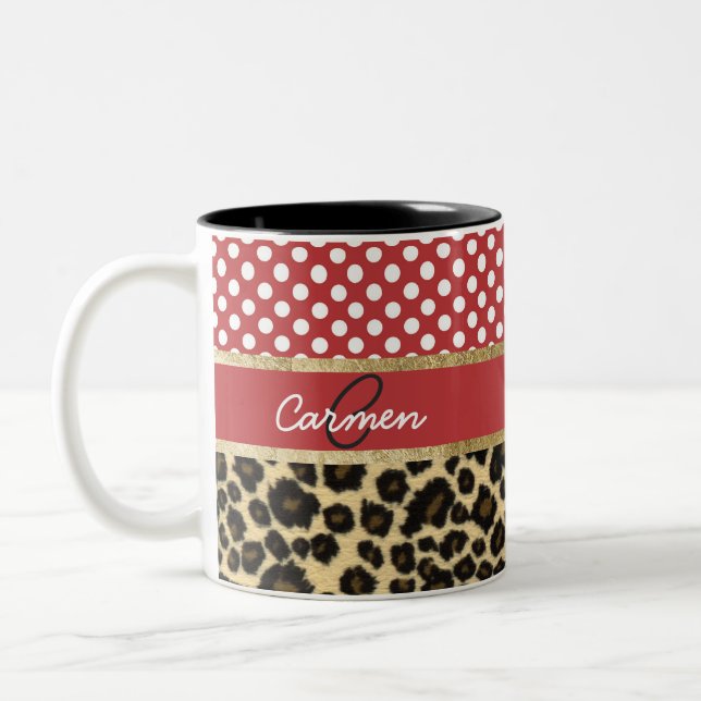 Eleganter Leopard-Druck und Tupfen-Monogramm Zweifarbige Tasse (Links)