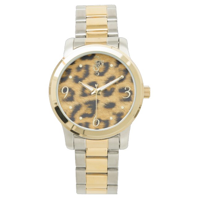 Eleganter Leopard-Pelz mit goldener Mechanik - Seh Armbanduhr (Vorderseite)
