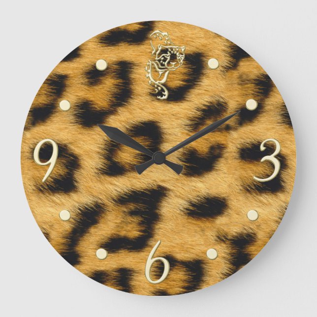 Eleganter Leopard-Pelz mit goldener Uhren-Uhr Große Wanduhr (Vorderseite)