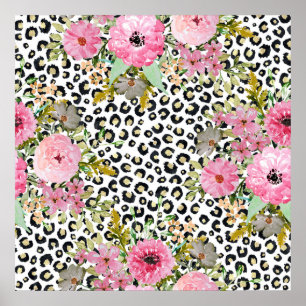 Eleganter Leopardenprint und Blumendesign Poster