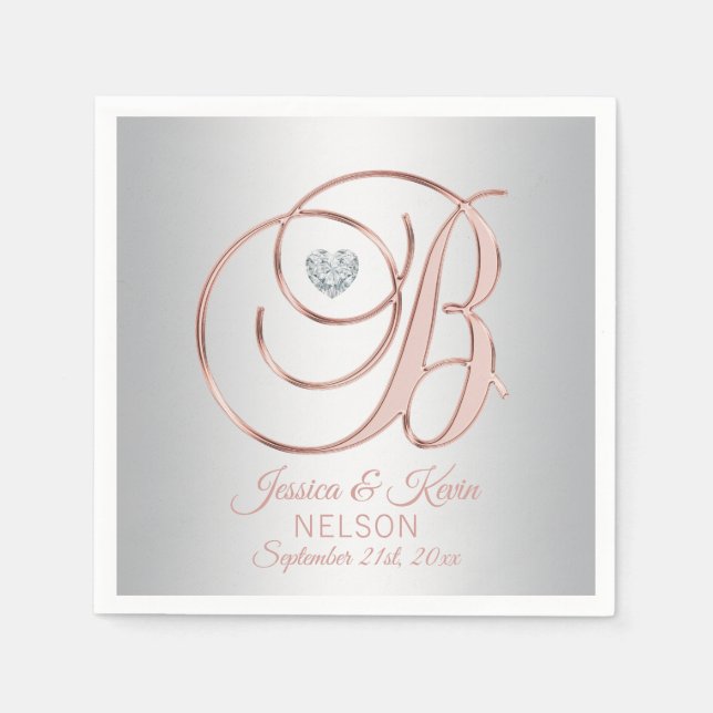 Eleganter Letter 'B' Silver Gray Rose Gold Wedding Serviette (Vorderseite)