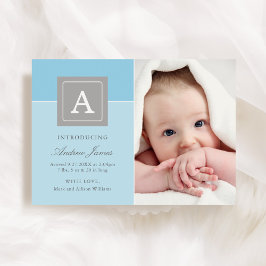 Eleganter Letter Block Baby Boy Blue Foto Birth Ankündigung