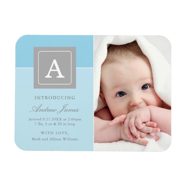 Eleganter Letter Block Baby Boy Blue Foto Birth Magnet (Horizontal)