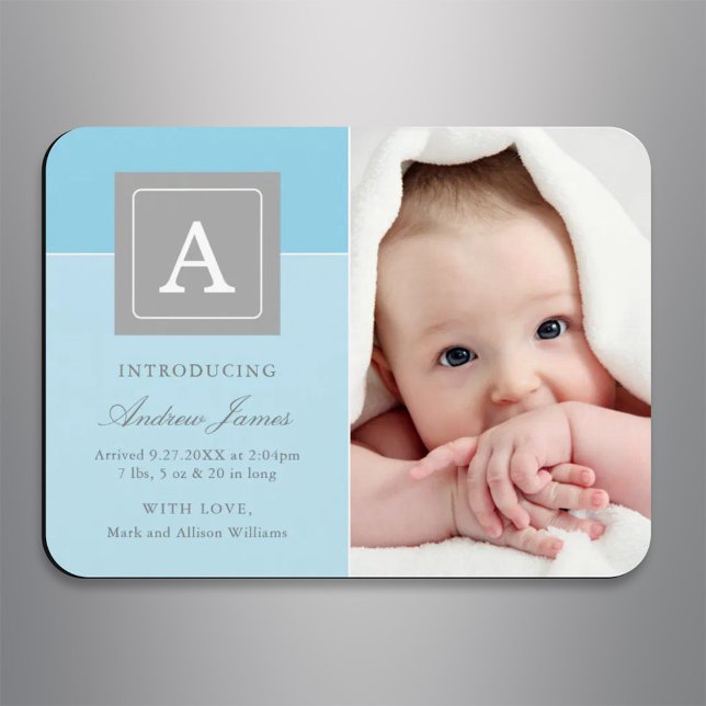 Eleganter Letter Block Baby Boy Blue Foto Birth Magnet (Von Creator hochgeladen)