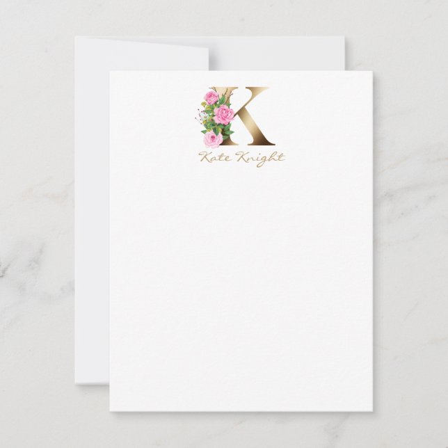 Eleganter Letter K Pink Roses Gold Monogram Mitteilungskarte (Vorderseite)