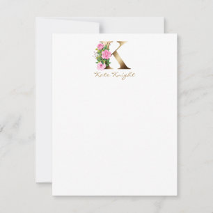 Eleganter Letter K Pink Roses Gold Monogram Mitteilungskarte