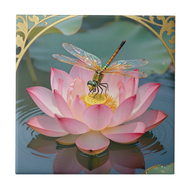 Eleganter Libellen-Rosa-Lotus-Jugendstil-Rahmen Fliese (Vorderseite)