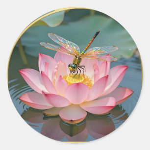 Eleganter Libellen-Rosa-Lotus-Jugendstil-Rahmen Runder Aufkleber