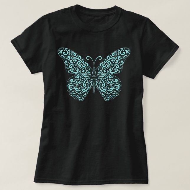 Eleganter Light Blue Blüh Butterfly T - Shirt (Design vorne)